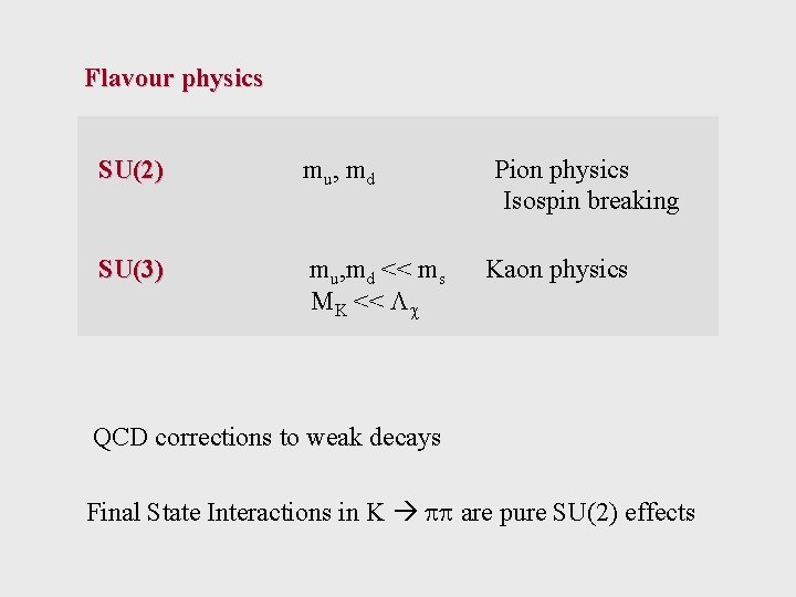 Flavour physics SU(2) mu, md SU(3) mu, md << ms MK << Lc Pion