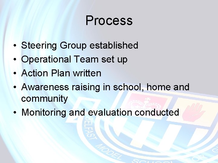 Process • • Steering Group established Operational Team set up Action Plan written Awareness