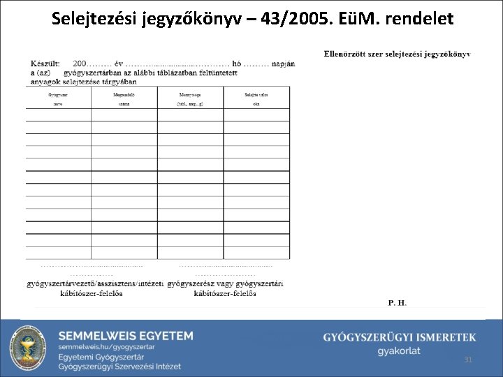 Selejtezési jegyzőkönyv – 43/2005. EüM. rendelet 31 