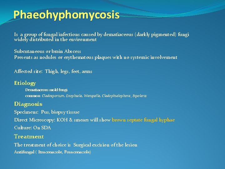 Phaeohyphomycosis Is a group of fungal infections caused by dematiaceous (darkly pigmented) fungi widely