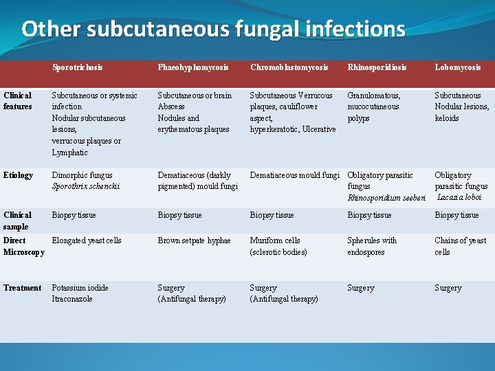 Other subcutaneous fungal infections Sporotrichosis Phaeohyphomycosis Chromoblastomycosis Rhinosporidiosis Lobomycosis Clinical features Subcutaneous or systemic