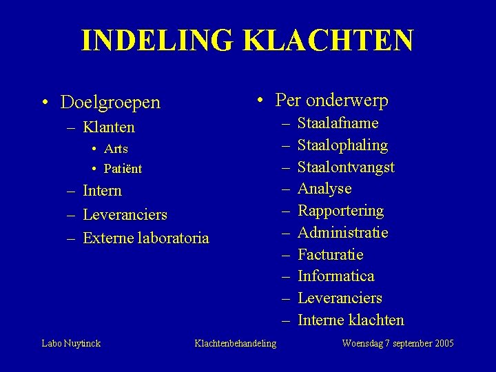 INDELING KLACHTEN • Per onderwerp • Doelgroepen – Klanten • Arts • Patiënt –