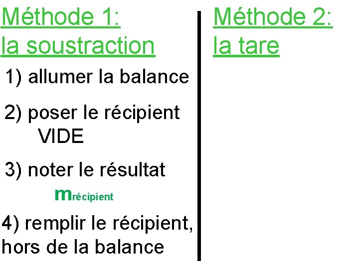 Méthode 1: la soustraction 1) allumer la balance 2) poser le récipient VIDE 3)