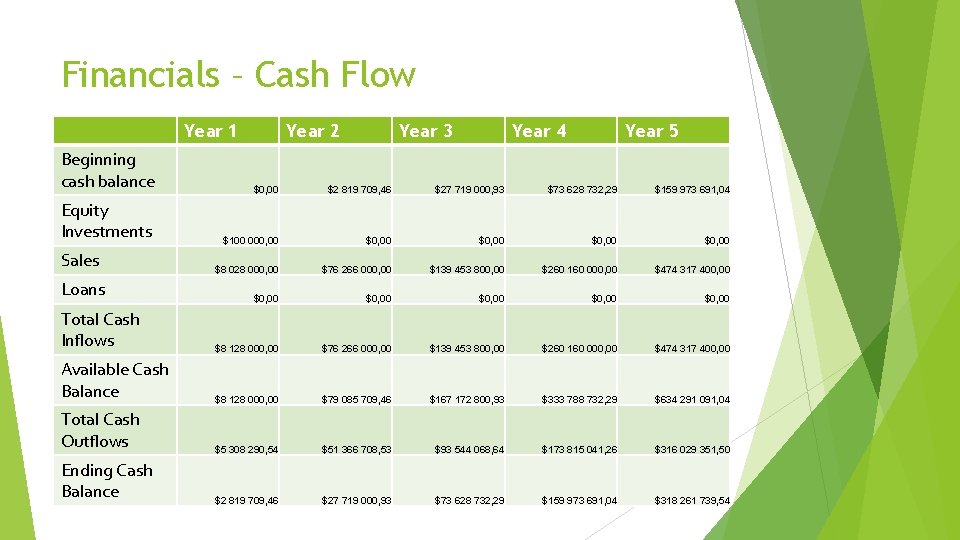Financials – Cash Flow Year 1 Beginning cash balance Year 2 Year 3 Year
