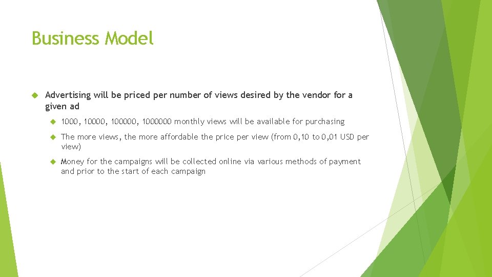 Business Model Advertising will be priced per number of views desired by the vendor