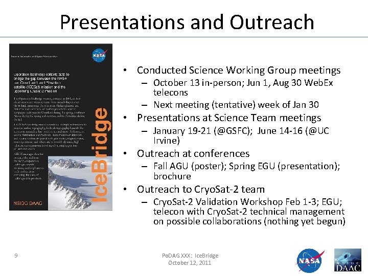 Presentations and Outreach • Conducted Science Working Group meetings – October 13 in-person; Jun