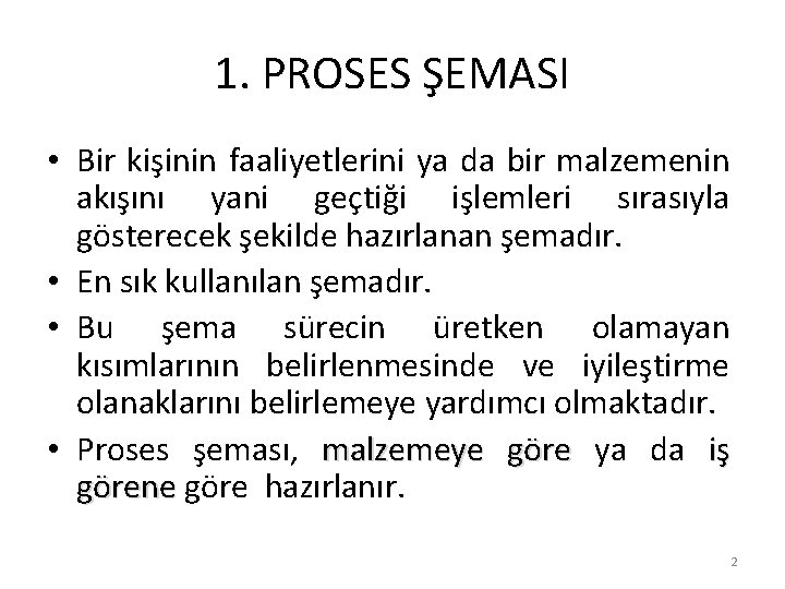 1. PROSES ŞEMASI • Bir kişinin faaliyetlerini ya da bir malzemenin akışını yani geçtiği