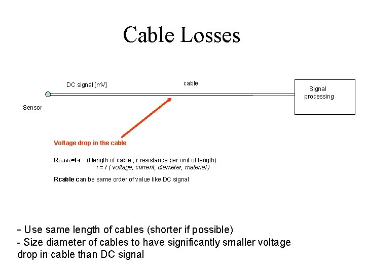 Cable Losses DC signal [m. V] cable Sensor Voltage drop in the cable Rcable=l·r