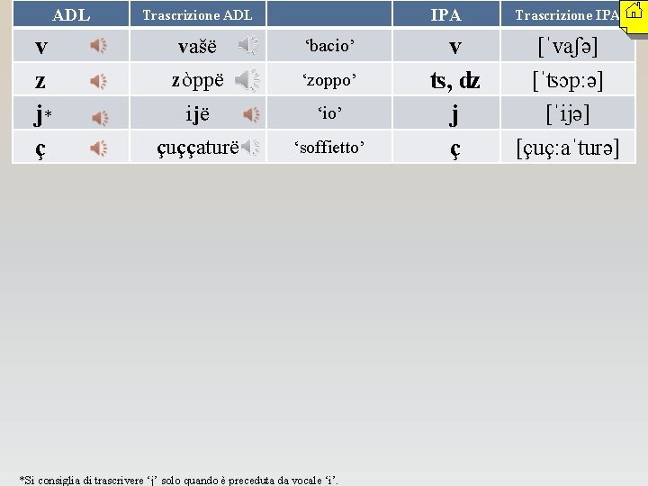 ADL v z j* ç Trascrizione ADL vašë ‘bacio’ zòppë ‘zoppo’ ijë ‘io’ çuççaturë