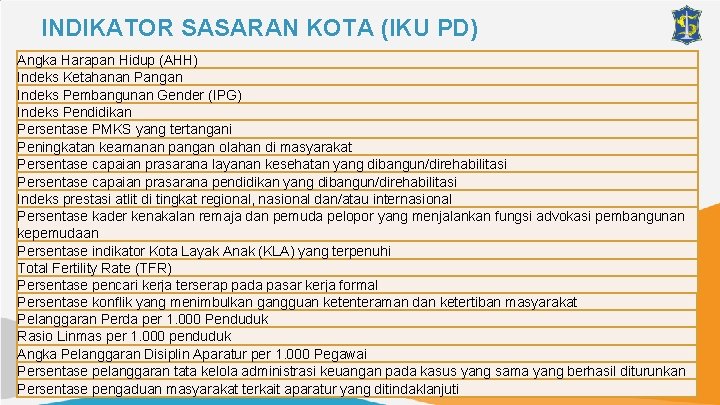 INDIKATOR SASARAN KOTA (IKU PD) Angka Harapan Hidup (AHH) Indeks Ketahanan Pangan Indeks Pembangunan