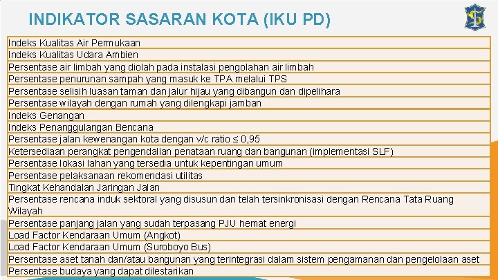INDIKATOR SASARAN KOTA (IKU PD) Indeks Kualitas Air Permukaan Indeks Kualitas Udara Ambien Persentase
