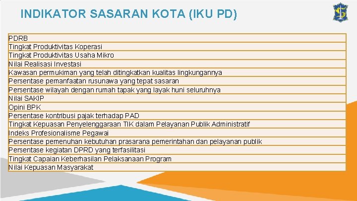 INDIKATOR SASARAN KOTA (IKU PD) PDRB Tingkat Produktivitas Koperasi Tingkat Produktivitas Usaha Mikro Nilai