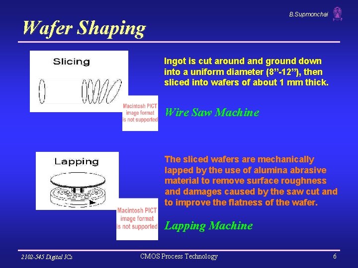 B. Supmonchai Wafer Shaping Ingot is cut around and ground down into a uniform