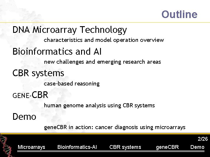 Outline DNA Microarray Technology characteristics and model operation overview Bioinformatics and AI new challenges