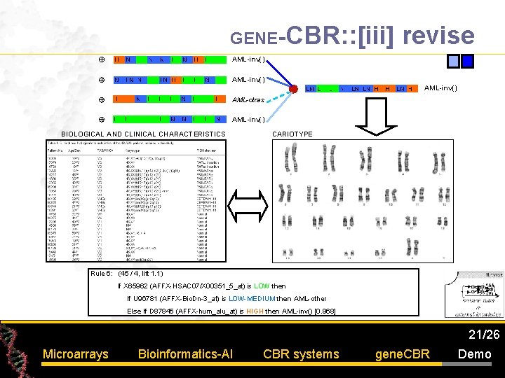 GENE-CBR: : [iii] revise AML-inv() AML-otras AML-inv() BIOLOGICAL AND CLINICAL CHARACTERISTICS CARIOTYPE Rule 6: