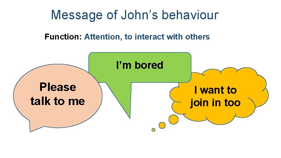 Message of John’s behaviour Function: Attention, to interact with others I’m bored Please talk