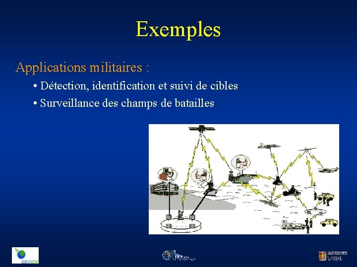 Exemples Applications militaires : • Détection, identification et suivi de cibles • Surveillance des
