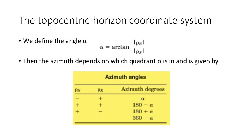 The topocentric-horizon coordinate system • We define the angle α • Then the azimuth