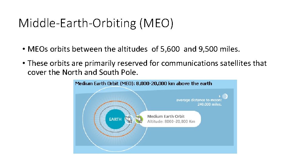 Middle-Earth-Orbiting (MEO) • MEOs orbits between the altitudes of 5, 600 and 9, 500