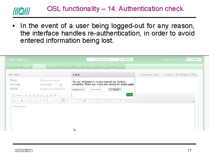 OSL functionality – 14. Authentication check • In the event of a user being