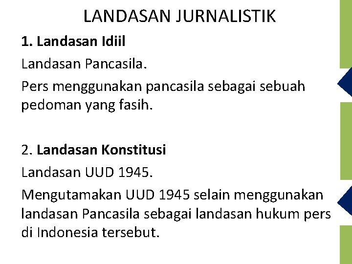 LANDASAN JURNALISTIK 1. Landasan Idiil Landasan Pancasila. Pers menggunakan pancasila sebagai sebuah pedoman yang