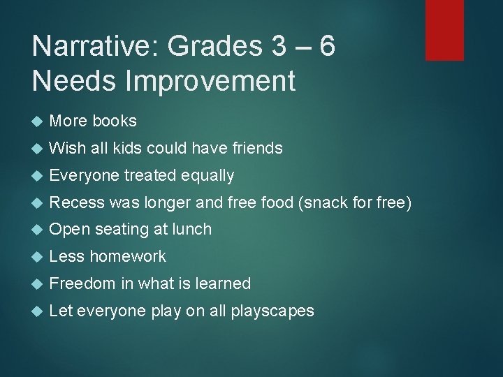 Narrative: Grades 3 – 6 Needs Improvement More books Wish all kids could have