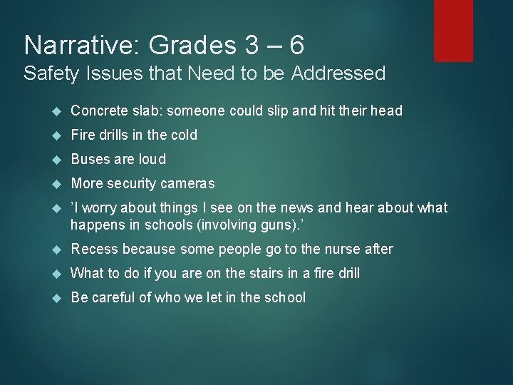 Narrative: Grades 3 – 6 Safety Issues that Need to be Addressed Concrete slab: