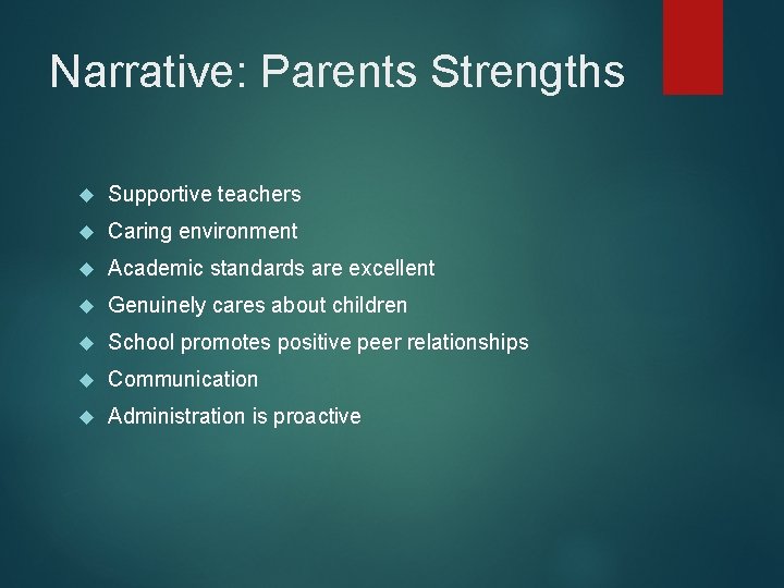 Narrative: Parents Strengths Supportive teachers Caring environment Academic standards are excellent Genuinely cares about
