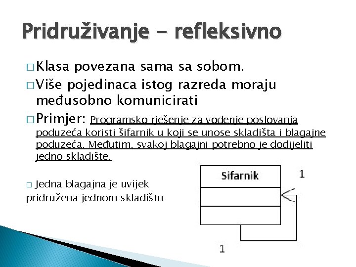 Pridruživanje - refleksivno � Klasa povezana sama sa sobom. � Više pojedinaca istog razreda