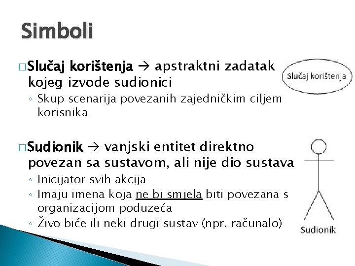 Simboli � Slučaj korištenja apstraktni zadatak kojeg izvode sudionici ◦ Skup scenarija povezanih zajedničkim