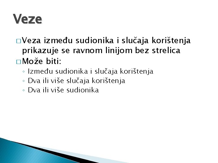 Veze � Veza između sudionika i slučaja korištenja prikazuje se ravnom linijom bez strelica