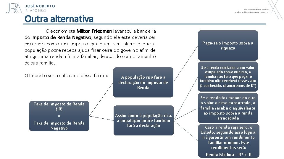 Outra alternativa O economista Milton Friedman levantou a bandeira do Imposto de Renda Negativo,