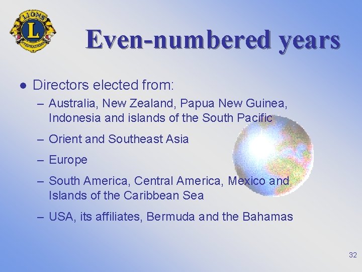 Even-numbered years l Directors elected from: – Australia, New Zealand, Papua New Guinea, Indonesia