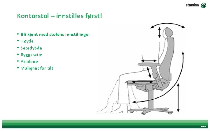 Kontorstol – innstilles først! • • • Bli kjent med stolens innstillinger Høyde Setedybde