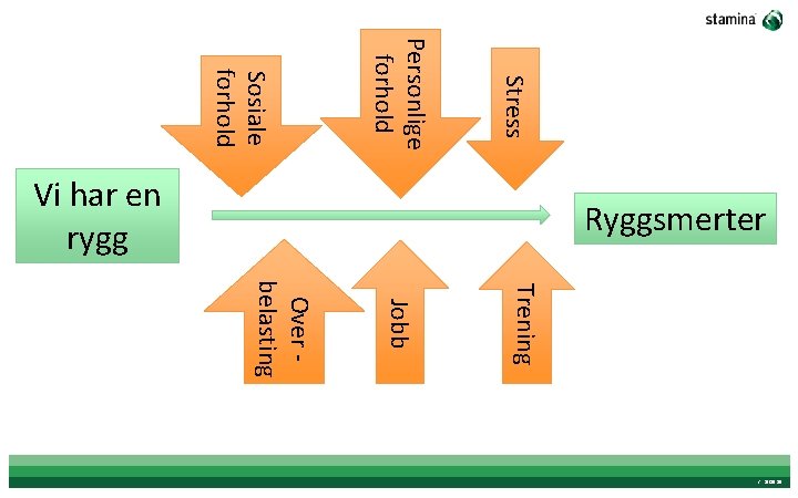 Stress Personlige forhold Sosiale forhold Ryggsmerter Vi har en rygg Trening Jobb Over belasting