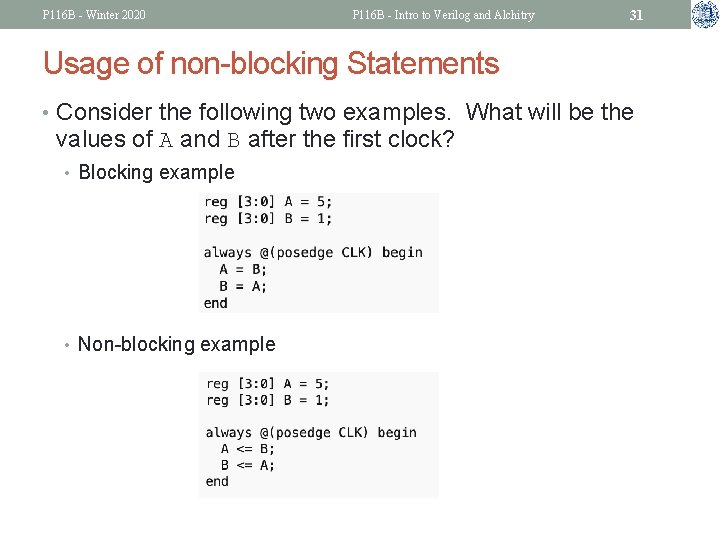 P 116 B - Winter 2020 P 116 B - Intro to Verilog and