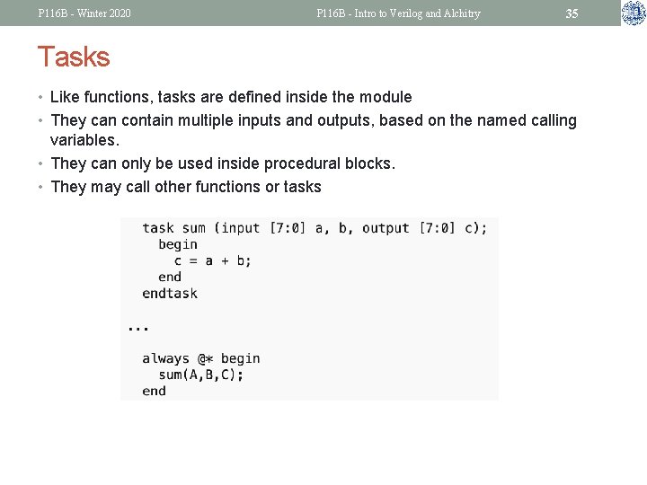 P 116 B - Winter 2020 P 116 B - Intro to Verilog and