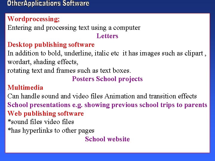 Wordprocessing; Entering and processing text using a computer Letters Desktop publishing software In addition