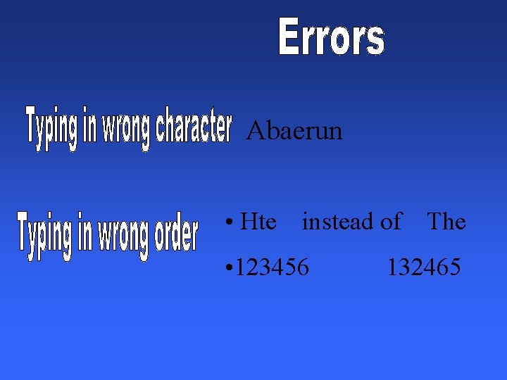 Abaerun • Hte instead of The • 123456 132465 