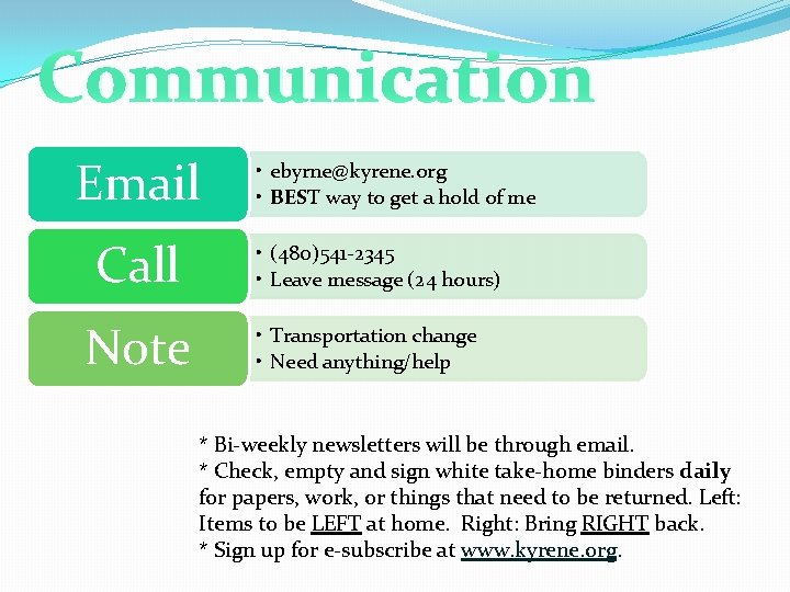 Communication Email Call Note • ebyrne@kyrene. org • BEST way to get a hold
