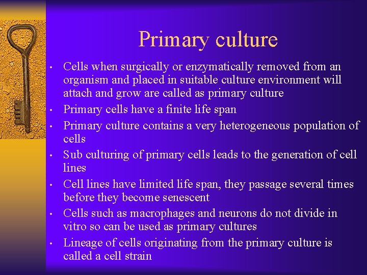 Primary culture • • Cells when surgically or enzymatically removed from an organism and