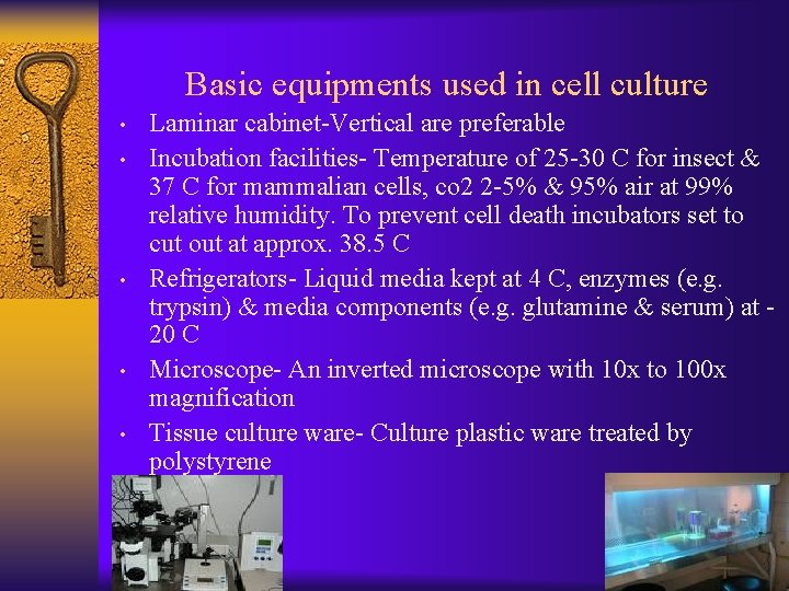 Basic equipments used in cell culture • • • Laminar cabinet-Vertical are preferable Incubation