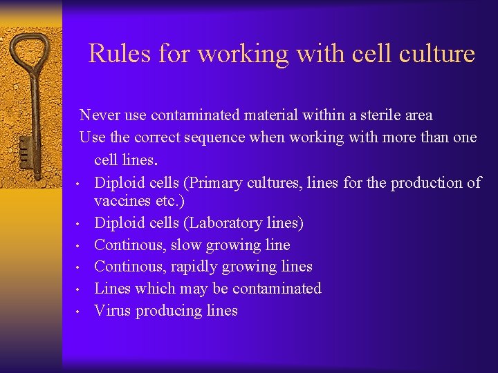 Rules for working with cell culture Never use contaminated material within a sterile area