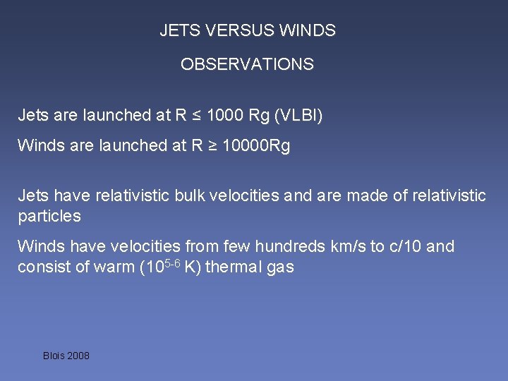 JETS VERSUS WINDS OBSERVATIONS Jets are launched at R ≤ 1000 Rg (VLBI) Winds