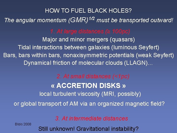 HOW TO FUEL BLACK HOLES? The angular momentum (GMR)1/2 must be transported outward! 1.