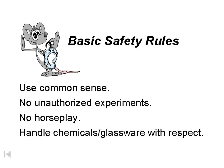 Basic Safety Rules Use common sense. No unauthorized experiments. No horseplay. Handle chemicals/glassware with