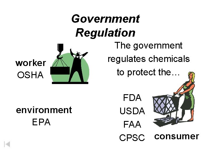Government Regulation worker OSHA environment EPA The government regulates chemicals to protect the… FDA