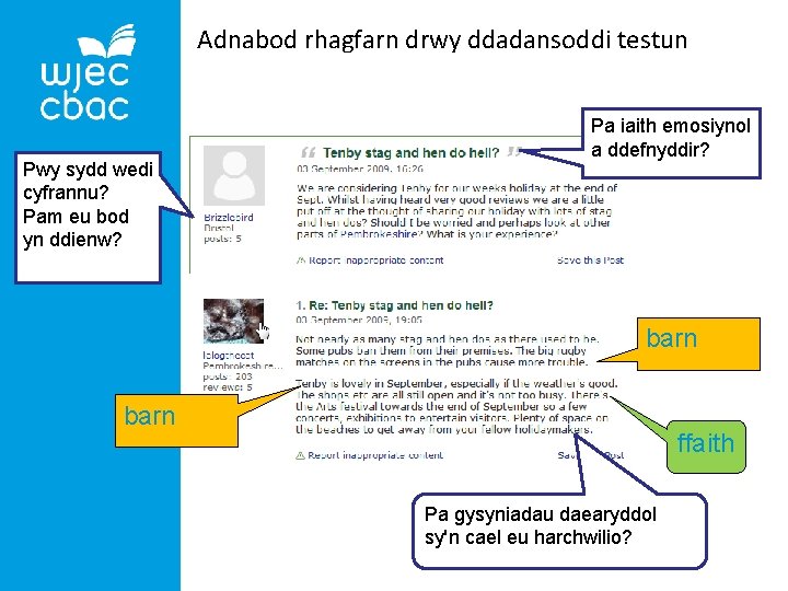 Adnabod rhagfarn drwy ddadansoddi testun Pwy sydd wedi cyfrannu? Pam eu bod yn ddienw?