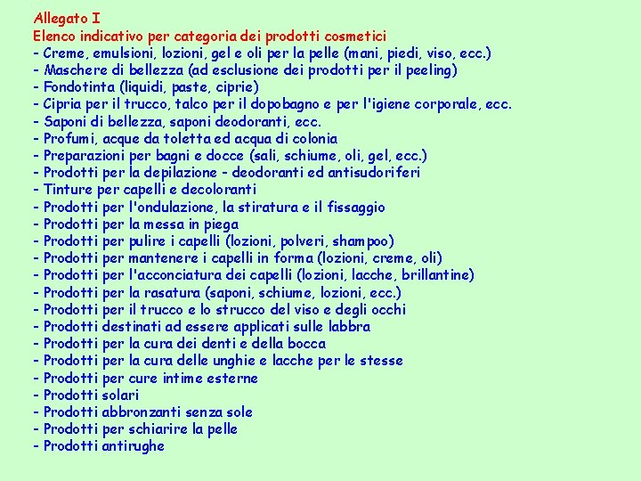 Allegato I Elenco indicativo per categoria dei prodotti cosmetici - Creme, emulsioni, lozioni, gel
