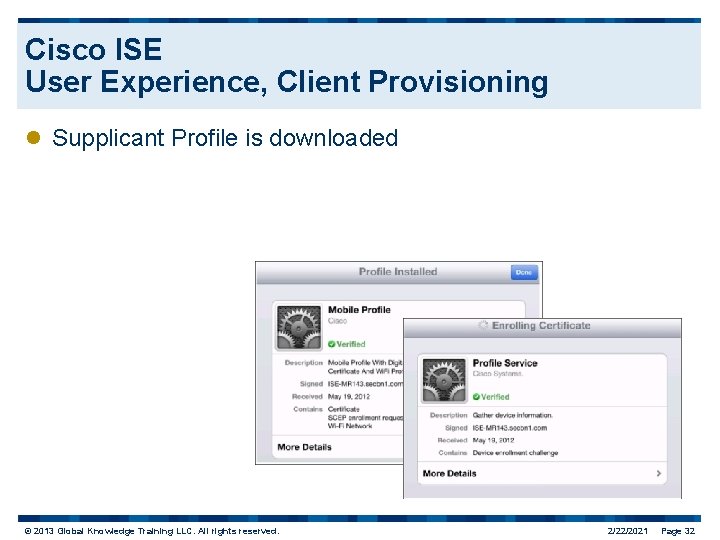 Cisco ISE User Experience, Client Provisioning l Supplicant Profile is downloaded © 2013 Global